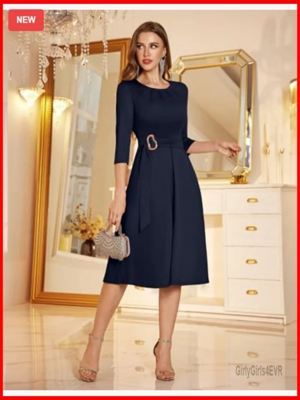 Elegant 3/4 Sleeve Fit & Flare Midi Cocktail Dress Formal Party